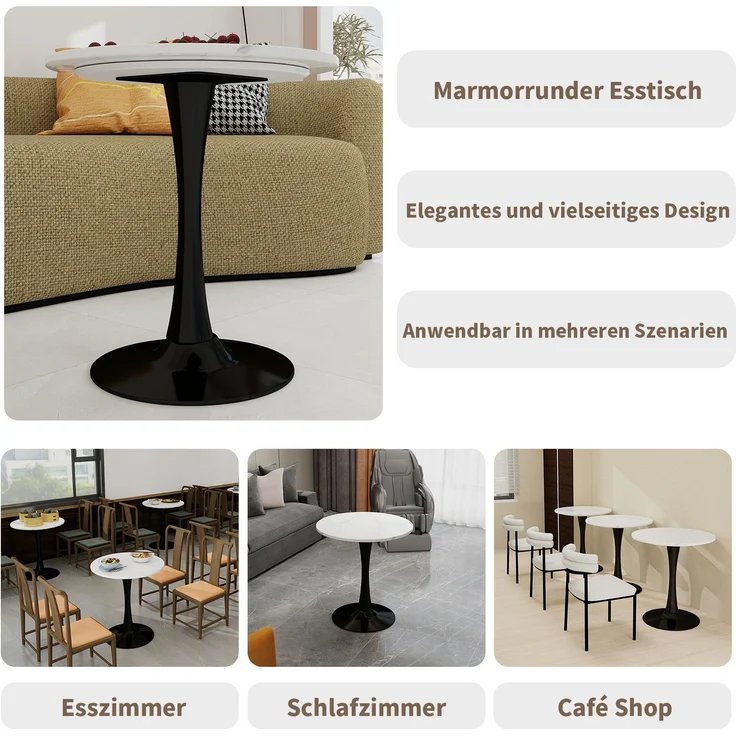 Runder Couchtisch aus Kunstmarmor, modern-minimalistisch, Ø 70 cm, Schwarz/Weiß – Bild 10