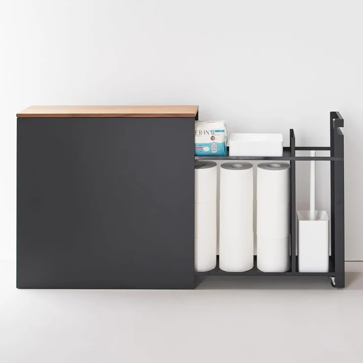 Yamazaki 1427 Tower Auszieh-Regal mit Holzablage, schwarz, Stahl/Holz/Polypropylen/Silikon, minimalistisch, 56 x 14 x 55 cm – Bild 6
