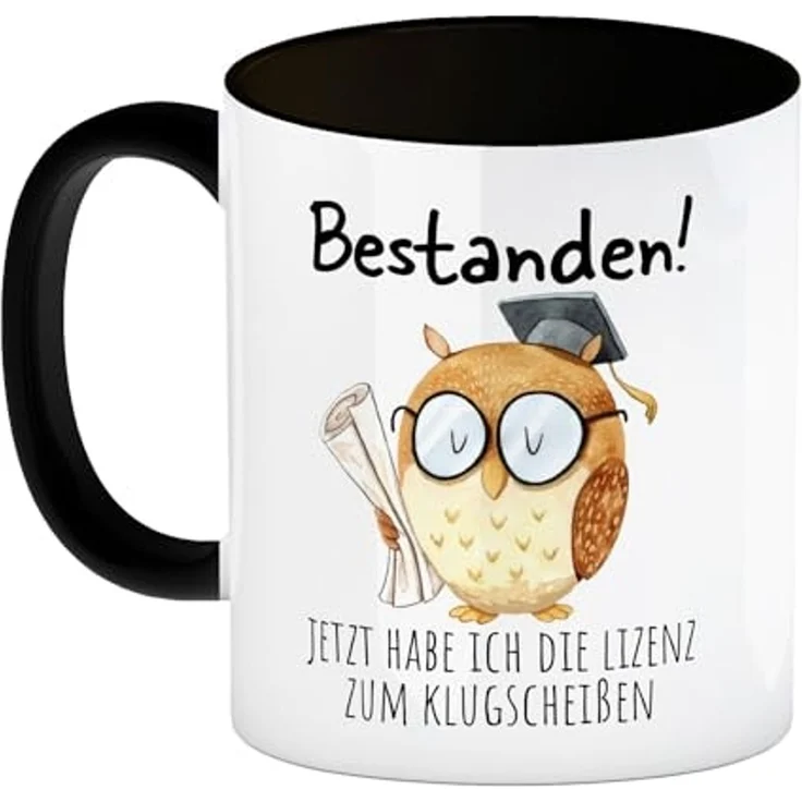 speecheese Tasse Bestandene Prüfung Eule Kaffeebecher in schwarz mit Spruch Lizenz zum – Bild 2