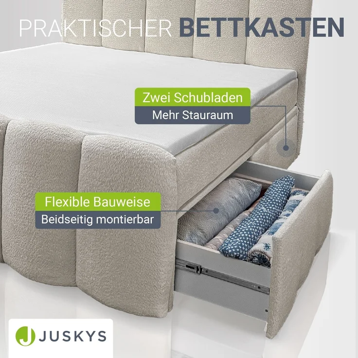 Juskys Boxspringbett Manitoba mit Bettkasten - Bouclé-Stoff, Gepolstertes Kopfteil mit Steppung & Stabile Konstruktion, Topper inklusive - Beige – Bild 4