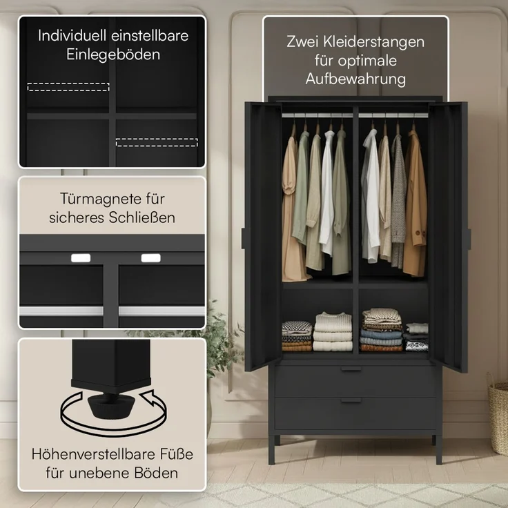 skølm 'Ituri' Kleiderschrank mit 2 Schubladen, Metall, 170x45x80 cm, schwarz, Garderobe mit 4 Fächern und 2 Kleiderstangen – Bild 3