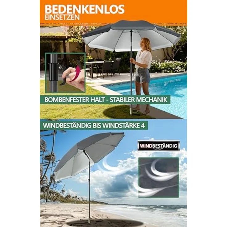 4smile SunnyJoy 3-IN-1 Set mit Sonnenschirm Strand in Anthrazit - Strandschirm windfest stabil 200 cm mit Hülle + Rasendorn Sonnenschirmhalter - Sonnenschirm mit Rasendorn für Garten, Schirmspieß – Bild 6