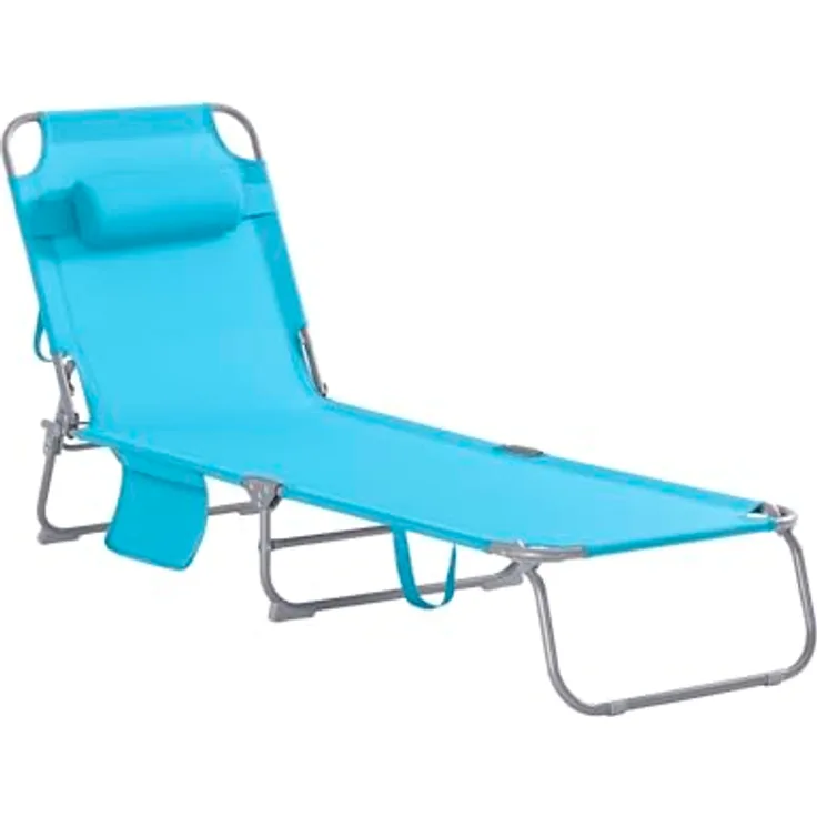 SoBuy OGS35-B Gartenliege, klappbar mit Seitentasche und Kopfkissen, blau, für Garten, Balkon und Strand, belastbar bis 110 kg