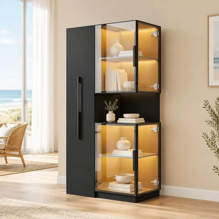 Vitrinenschrank 70 x 38 x 160 cm in Schwarz mit Glasfront, Ausziehregalen und LED-Beleuchtung
