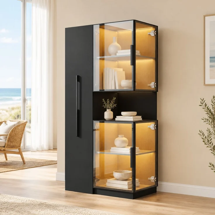 Vitrinenschrank 70 x 38 x 160 cm in Schwarz mit Glasfront, Ausziehregalen und LED-Beleuchtung – Bild 1