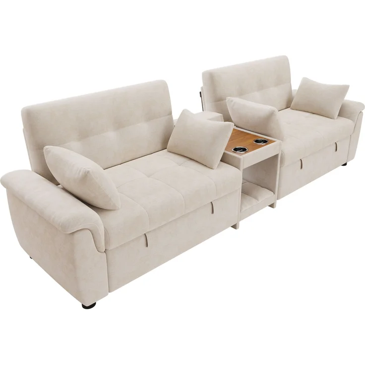 Merax U-förmiges Schlafsofa, ausziehbar, Doppel-Schlafauszug, verstellbare Rückenlehne, Haustierbereich, Couchtisch mit 2 Becherhaltern, 4 Kissen, Chenille, Beige, 284×138×89 cm – Bild 9