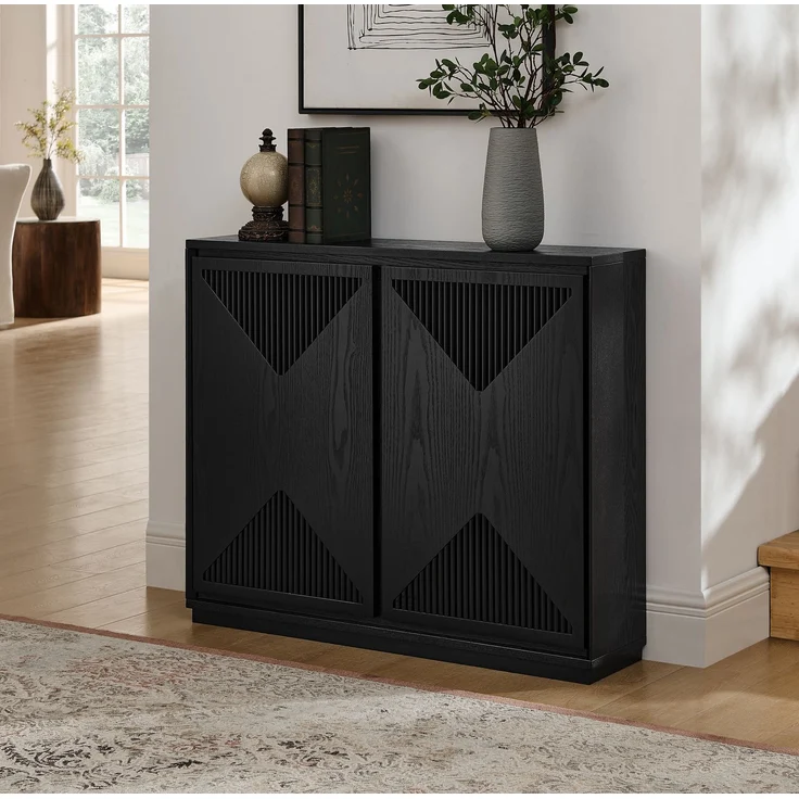 DESVIAE Sideboard Schwarz aus Massivholz/MDF – 109,22x54,94x17,78 cm – V-Rillen, Kabelöffnungen – Bild 2