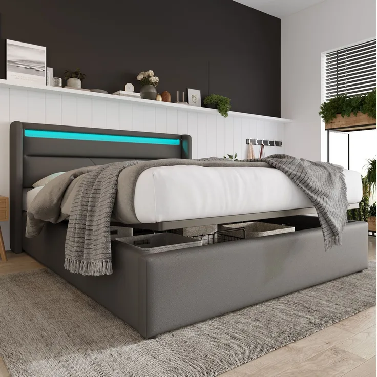 CHICFURN Polsterbett PU Grau 160x200 cm mit LED-Beleuchtung und hydraulischem Bettkasten