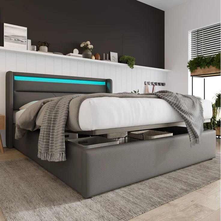 CHICFURN Polsterbett PU Grau 160x200 cm mit LED-Beleuchtung und hydraulischem Bettkasten – Bild 1