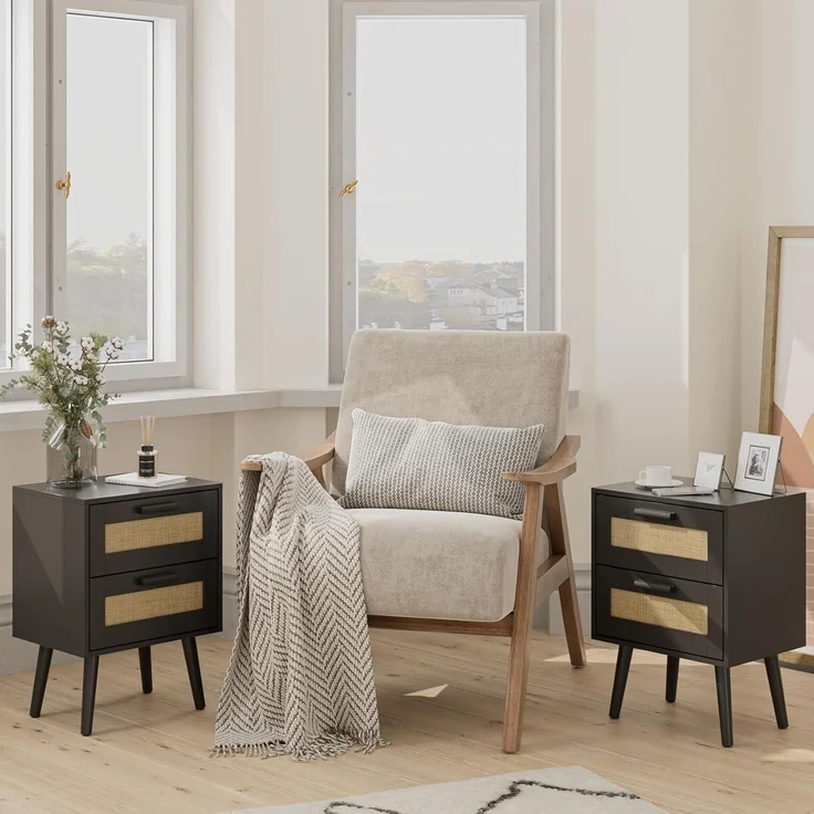 Rattan Nachttisch mit Schublade Beistelltisch Holzbeine Schlafzimmer Wohnzimmer – Bild 4