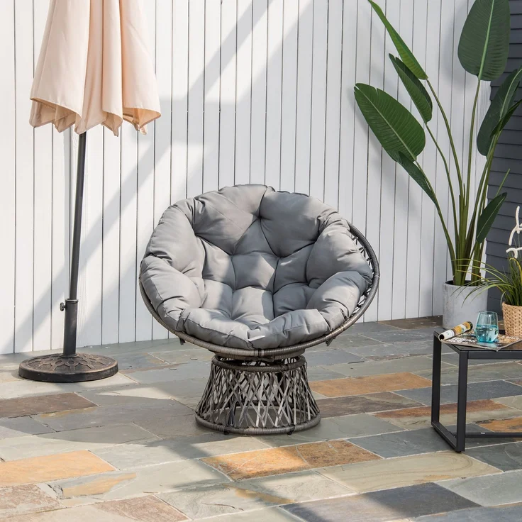Runder Garten-Sessel, drehbarer Papasan-Sessel, Ø 97 x 86H cm, großes Kissen im Lieferumfang enthalten, Polyester-Geflecht – Bild 3