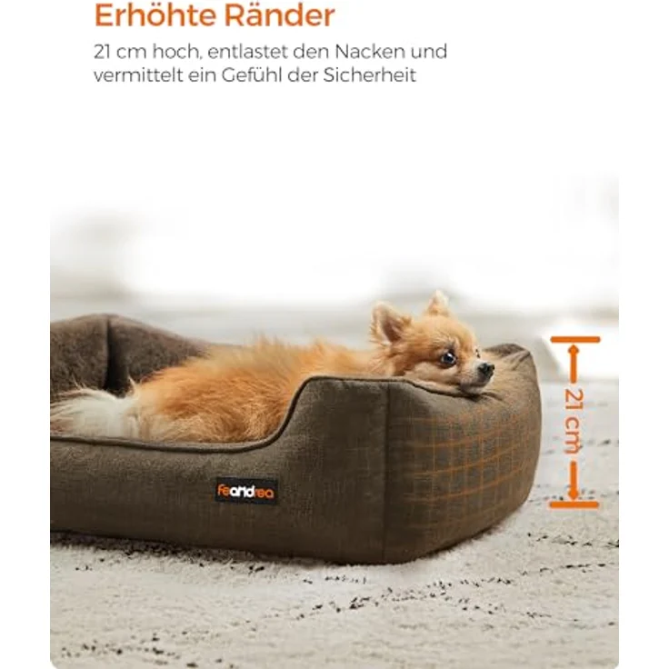 Feandrea Hundebett, Hundekissen in Leinenoptik, Hundekorb, erhöhte Ränder, rutschfeste Unterseite, Bezug abnehmbar waschbar, M, für kleine Hunde, 70 x 55 x 21 cm, braun PGW10CC – Bild 4
