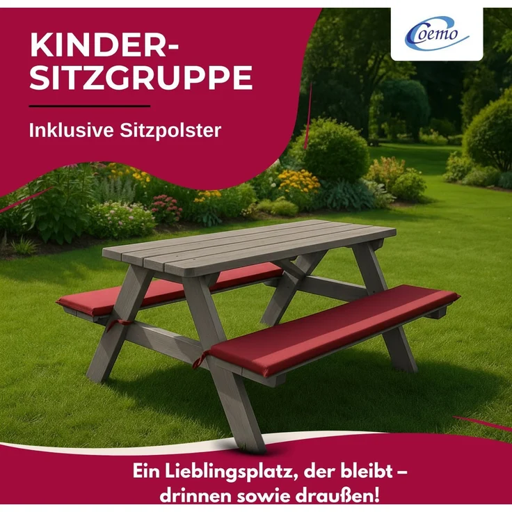Coemo Kinder-Sitzgruppe Grau Picknicktisch mit Polster Spieltisch Gartentisch Holz – Bild 3