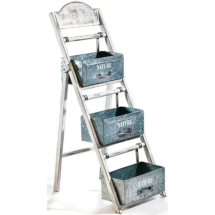 Kobolo Blumenständer Pflanzleiter Holz mit 3 Gefäßen aus Metall - WHITE