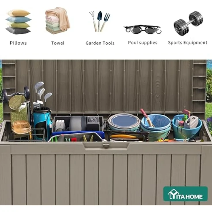 YITAHOME Outdoor-Aufbewahrungsbox mit Rollen, 270L Kunststoff-Gartenbox, Wetterfeste Aufbewahrungskiste für Kissen, Werkzeug & Poolzubehör, Abschließbar, Holzoptik, 114,7 x 46,5 x 57,6 cm, Hellbraun – Bild 6