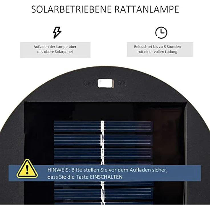 Outsunny Solarlampe Rattan, LED Solarleuchte mit Lichtsensor, IP44 spritzwassergeschützt, 61 cm hoch, Schwarz – Bild 4