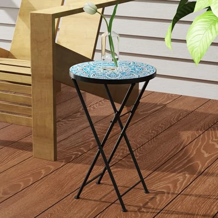 Outsunny Gartentisch mit Mosaik-Design, Ø35,5 x 55 cm, Rund, wetterfest, aus Metall (klappbar Balkontisch, 1-St, Beistelltisch), für Wohnzimmer, Büro, Outdoor, Indoor, Blau – Bild 9