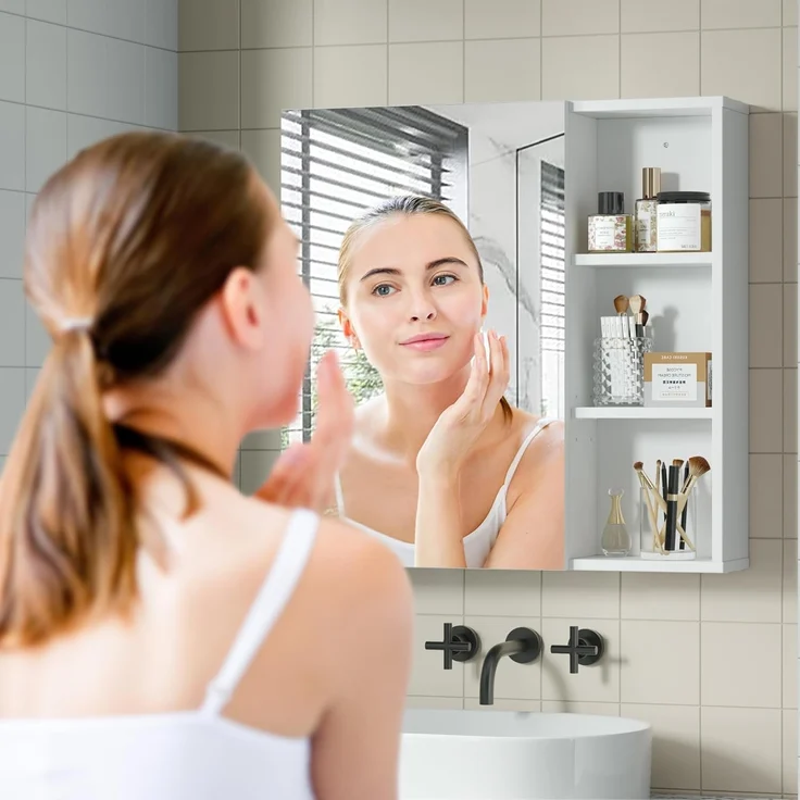 Mondeer Badezimmerspiegelschrank Badezimmerspiegel mit 1 Tür und 4 Haken verstellbare Ablagen, 65 x 15 x 65 cm, Weiß – Bild 6