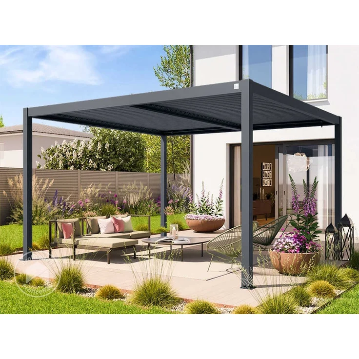 PRIMEYARD Pergola 4x4 m Aluminium-Pfosten mit Lamellendach aus Stahl anthrazitfarbene Terrassenüberdachung – Bild 1