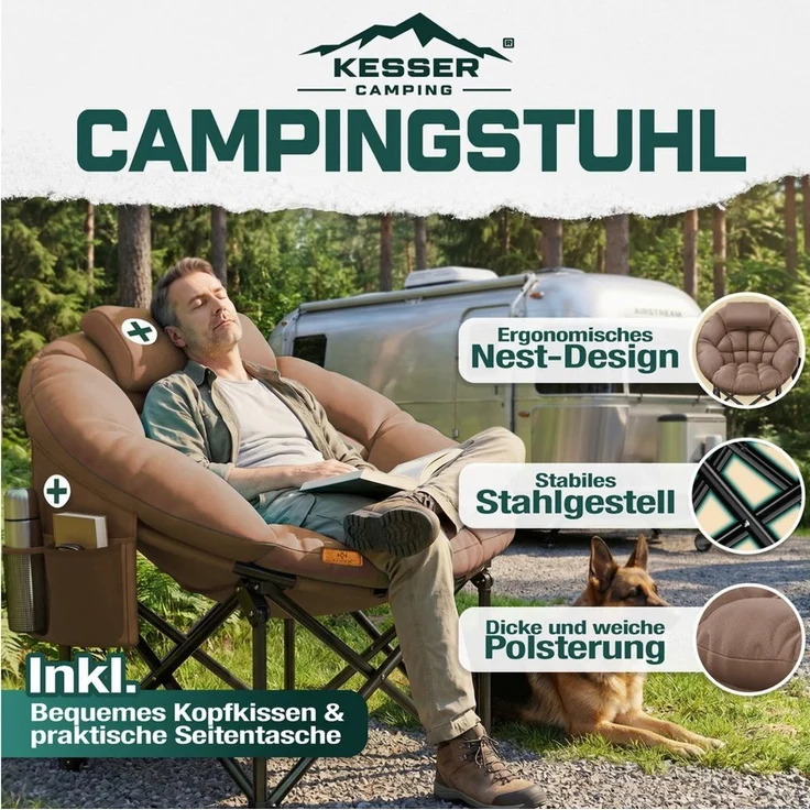 KESSER 'Chillexer' Campingstuhl, faltbar, 150 kg, mit Kissen, Seitentasche & Cover, Outdoor + Indoor, Braun, 110 x 110 x 110 cm – Bild 2