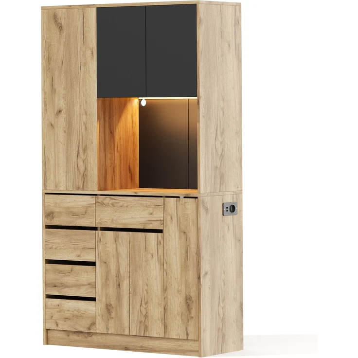ZUBALIYA Küchenschrank 105x40x185 cm, mit LED-Beleuchtung, mit Steckdosen, mit verstellbaren Einlegeböden, aus MDF, Schwarz / Natur – Bild 10