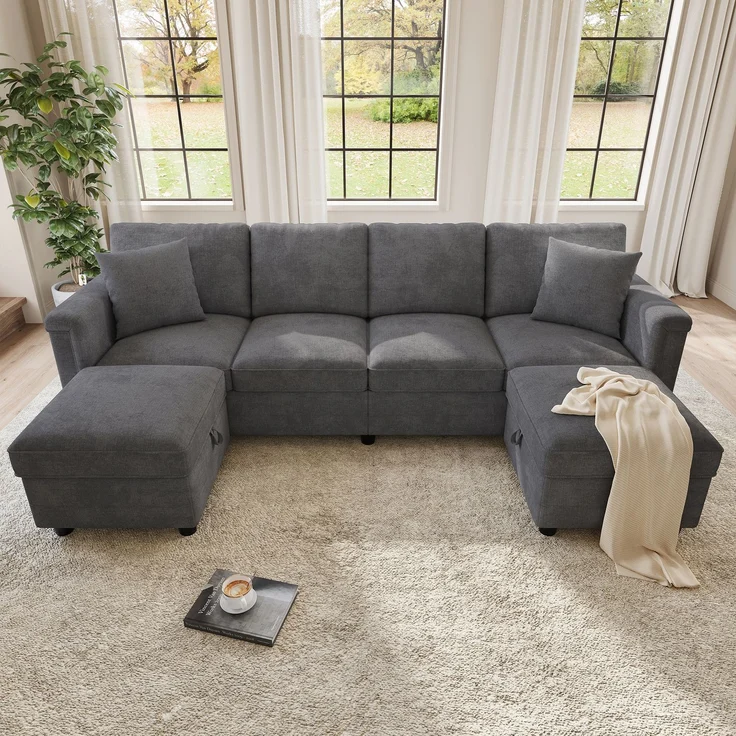6-Sitzer Wohnlandschaft B 261 x T 134 x H 82 cm aus Chenille mit Stauraum und USB – Bild 3