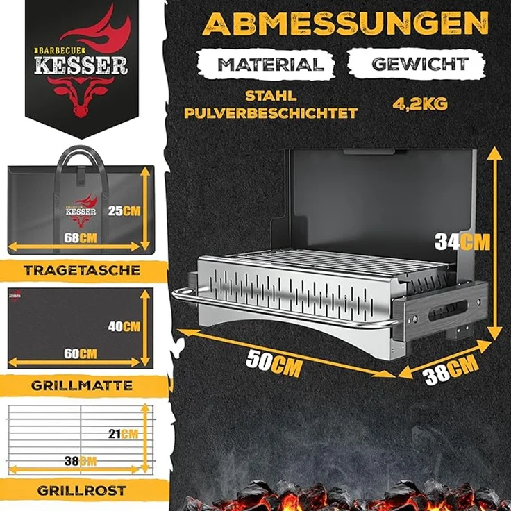 KESSER® Klappgrill, tragbarer Holzkohlegrill aus pulverbeschichtetem Stahl inkl. Grillrost, Grillmatte & Tragetasche, Schwarz, 38 x 50 x 34 cm – Bild 3