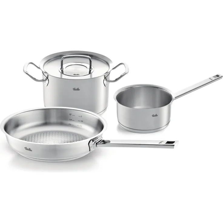 Fissler Original-Profi Collection / Edelstahl-Kochtopfset, 3-teilig, Topf mit Metall-Deckel (1 Kochtopf,1 Pfanne-unbeschichtet, 1 Stielkasserolle-deckellos) - Induktion