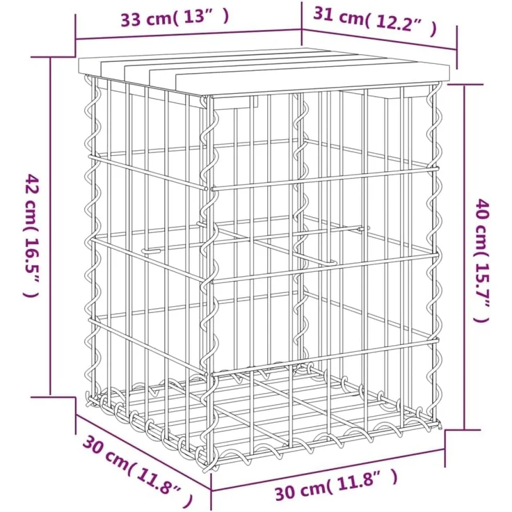 Gartenbank Gabionen BIKS aus Stahl 33x31x42cm Kiefernholz Braun Gabionenbank Gartentisch aus Gabionen Steinkorb Gabionengitter Ziergabione Drahtkorb befüllbar – Bild 2