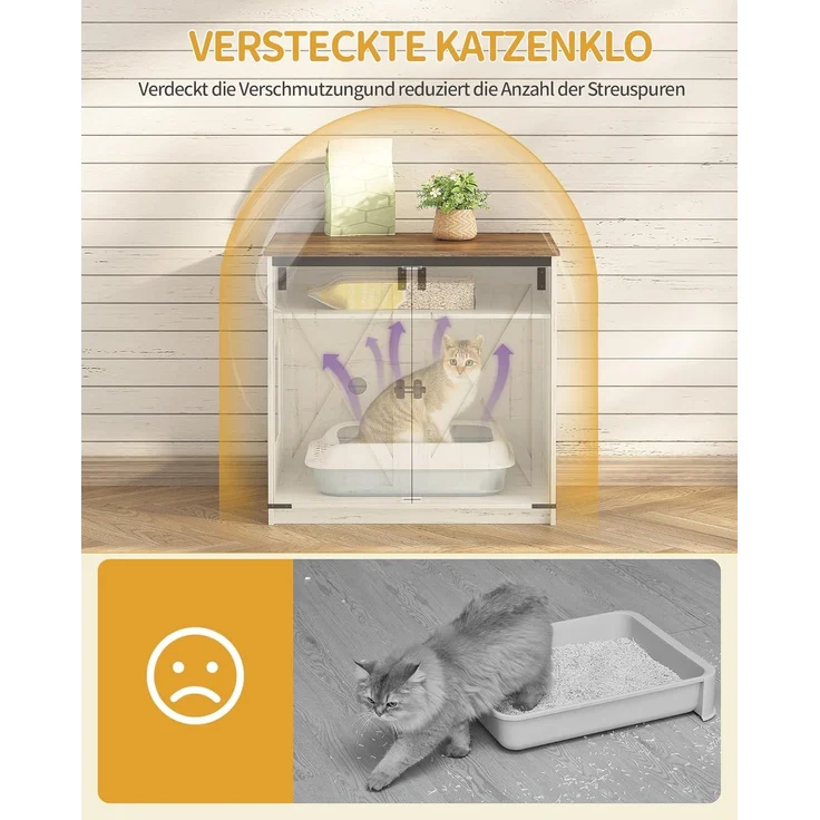 Katzenklo Schrank, Verstecktes Katzenschrank mit Stauraum, Katzenhaus mit Magnetischen, Bauernhausstil, 80 x 50 x 79,5 cm, Geeignet für Flur, Schlafzimmer, Vintagebraun-Weiß – Bild 5