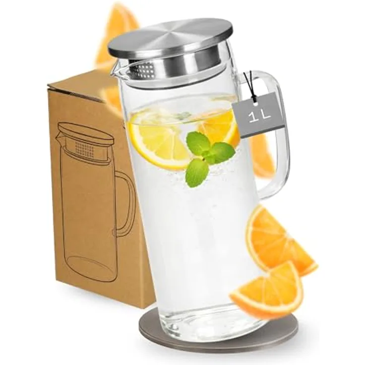 elasto Wasserkaraffe Glaskaraffe mit Deckel und Sieb 1 Liter aus Borosilikatglas