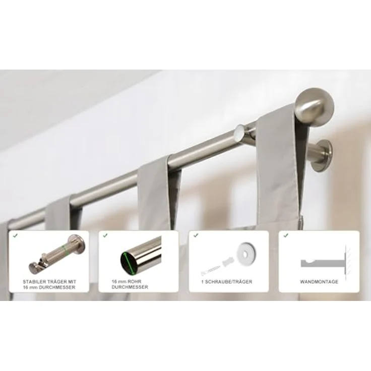 iso-design Gardinenstange Farbe Edelstahl Wandmontage 16 mm Endstück Kugel, Ø 16 mm, 1-läufig, Fixmaß, Metall, Rohr aus Edelstahl – Bild 3