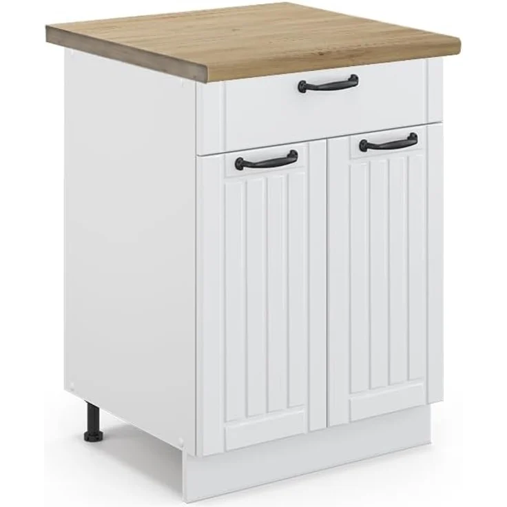 Vicco Küchenunterschrank Fame-Line, Weiß Landhaus/Weiß, 60 cm mit Schublade, AP Eiche