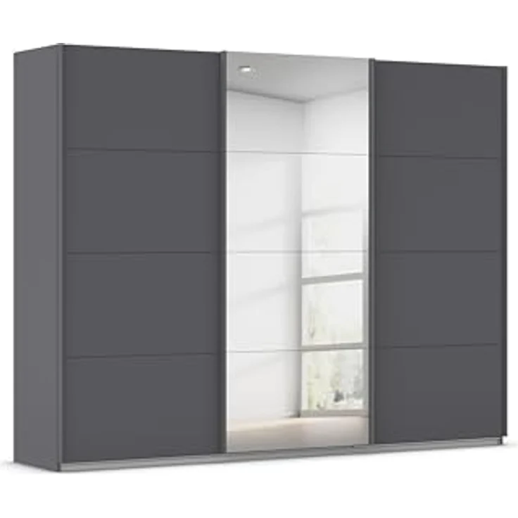 Rauch Möbel Kulmbach, Kleiderschrank mit Schwebetüren für Schlafzimmer, Kinderzimmer, Flur, 3-türig, mit Spiegel und Soft-Close-Funktion, Zubehör Premium, Farbe Grau metallic, Schwarz, Breite 271 cm – Bild 1