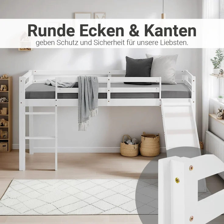 Halbhochbett Spielbett Kinderbett Leiter Rutsche Kiefer 90x200 cm massiv Jugendbett – Bild 7
