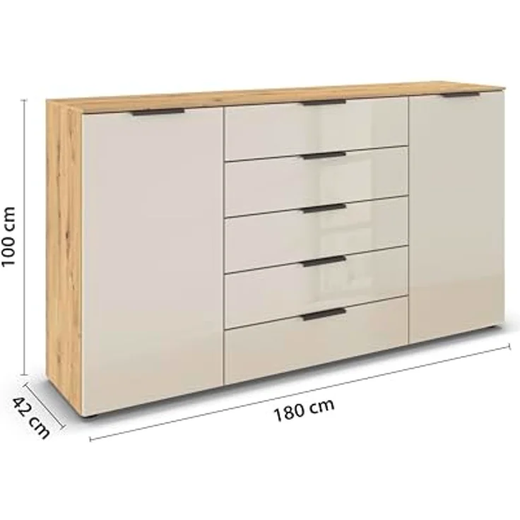 Rauch Möbel Flipp, Kommode für Schlafzimmer, Kinderzimmer, Wohnzimmer, Jugendzimmer, Flur, Garderobe, 2-türig, 5 Schubladen, mit Softclose-Funktion, Farbe Eiche Artisan, Holz/Glas Beige, Breite 180 cm – Bild 4