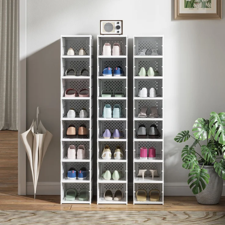 8-stufiges Schuhregal, Schuhschrank, faltbar, belüftete Rückseite, Kunststoff, Weiß--Weiß--140x26x35cm--YOUDENOVA – Bild 9