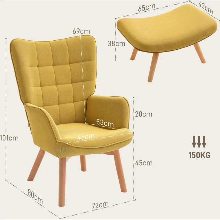 Akzentsessel mit Hocker, Relaxsessel in Cord-Optik, Armlehnstuhl mit Holzbeinen, für Wohnzimmer, Orange--Orange--72x80x101cm--YOUDENOVA – Bild 5