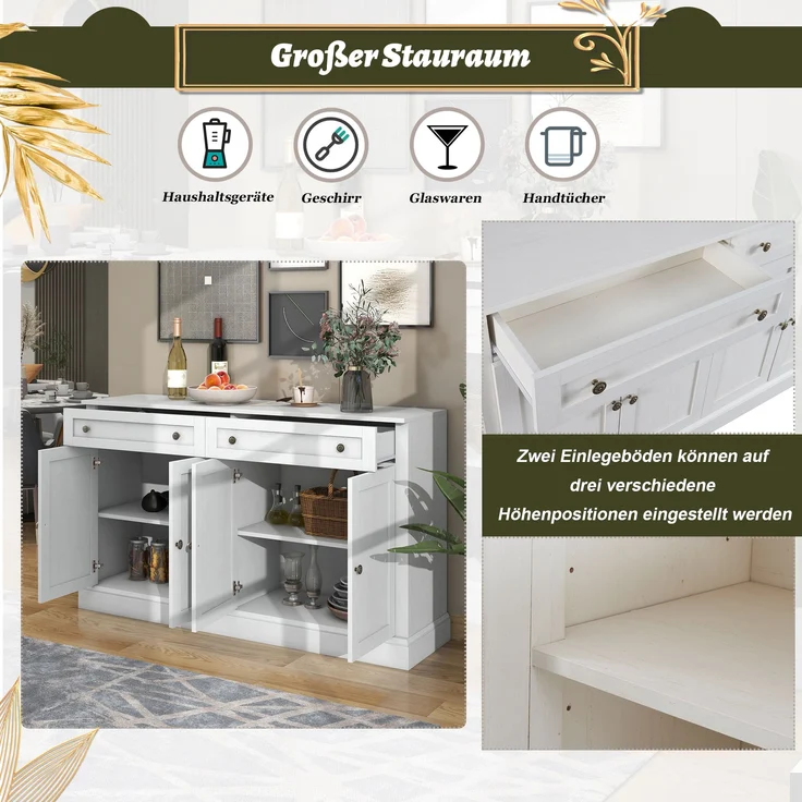 Sideboard Buffetschrank Weiß mit Naturholzplatte, 4 Türen & 2 Schubladen, großer Aufbewahrungsschrank für Küche Wohnzimmer Flur – Bild 4