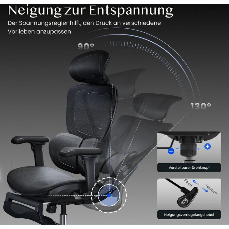 FLEXISPOT Drehstuhl Ergonomischer Bürostuhl, Arbeitsstuhl mit Dual-Wing Lendenstütze (3D-Kopfstütze & 3D-Armlehnen & Verstellbarer Sitztiefe), 3-Stufen Neigung & höhenverstellbare Rückenlehne, MIT Fußstütze – Bild 3