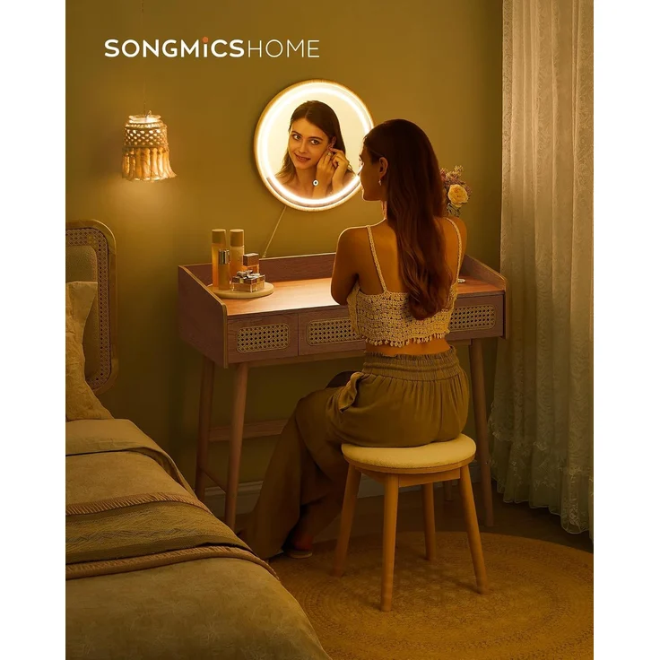 SONGMICS HOME BOHOVEN Kollektion – Schminktisch mit Spiegel, Beleuchtung, Kosmetiktisch 3 Schubladen in Rattan-Optik, Touch-Steuerung, 3 Lichtfarben, dimmbar, Boho-Stil, Schlafzimmer, eichenbeige – Bild 2