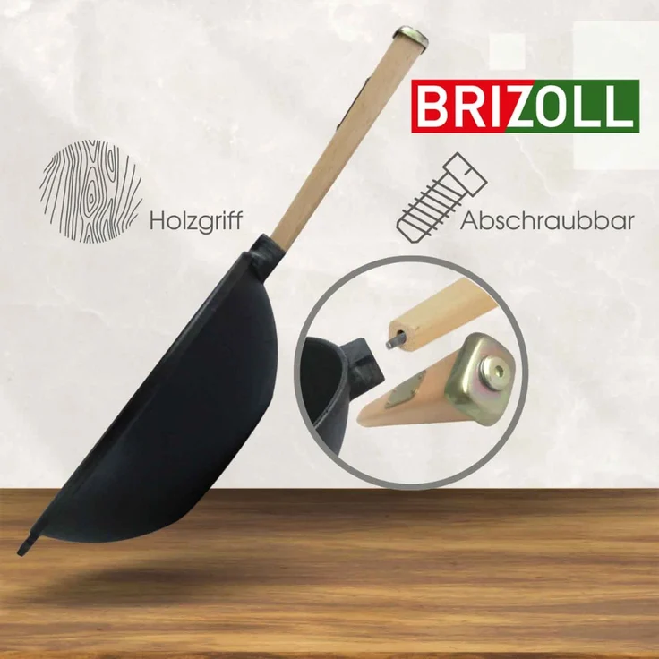 Wok Bratpfanne Ø24 cm 2,2 L aus Gusseisen mit Holzgriff Glasdeckel Asia Wokpfanne Induktion Pfannenwender – Bild 6