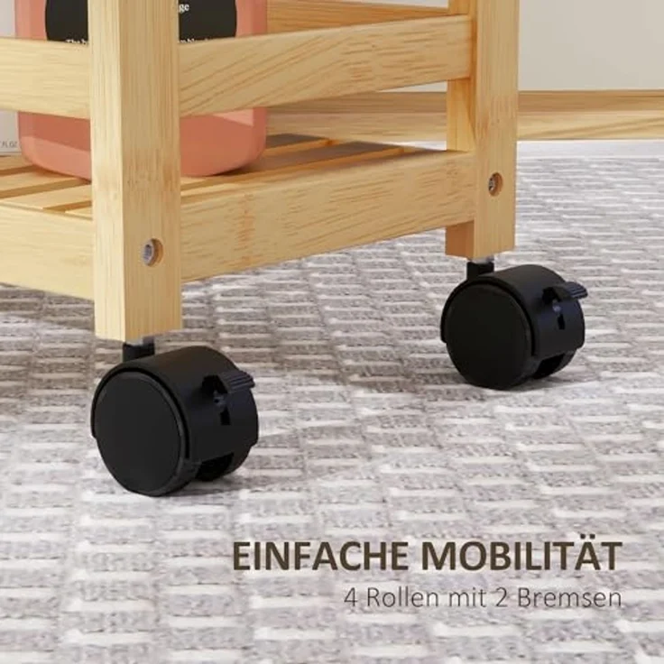 HOMCOM Servierwagen 3-stöckig, aus Bambus, mit Rolle, Griff, (Aufbewahrungswagen, 1 St, Küchenwagen), für Büro, Wohnzimmer, Küche, 55 x 20 x 75 cm, Naturholz – Bild 5