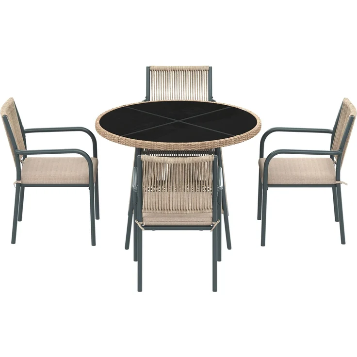 LVHOM 5-tlg. Gartenmöbel-Set, Sitzgruppe mit rundem Glastisch und 4 Polyrattan-Armlehnstühlen, inkl. Sitzpolster, Terrassenmöbel für 4 Personen, Wetterfest – Bild 9