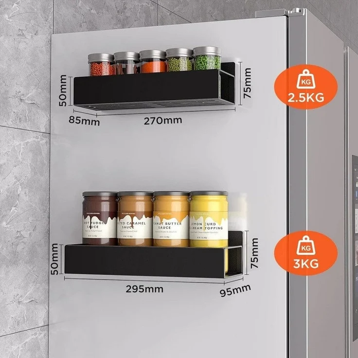 PFCTART Küchenorganizer-Set Hängeregal Küchenregal für Kühlschrank – 3-lagig & Metall, (Set, 1-tlg, Für Kühlschrank, Schrank & Möbel – Schwarz, Edelstahl), Ohne Bohren, inkl. Küchenreling & 7 Haken, starke Klebebefestigung – Bild 3