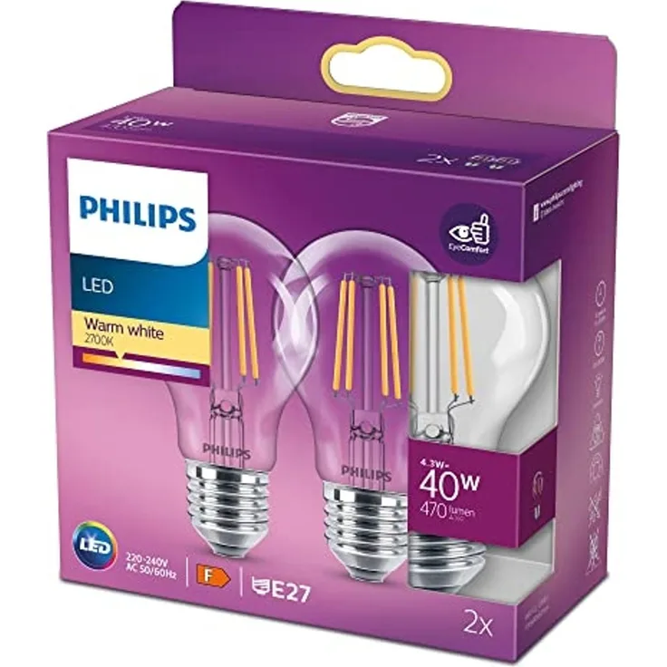 Philips LED classic Lampe 40W E27 Warmweiß 470lm klar 2erPack