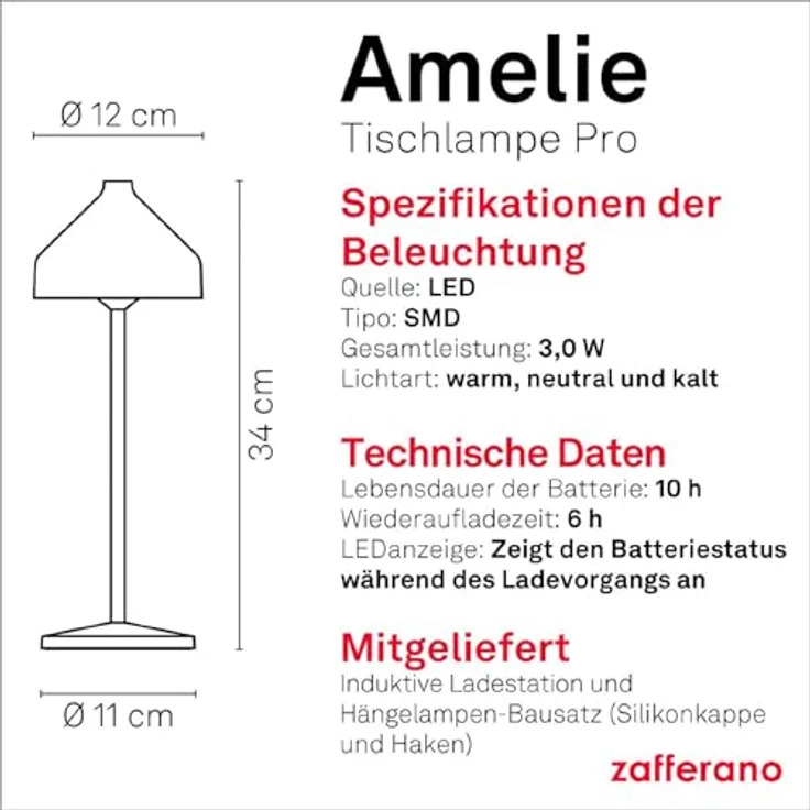 Zafferano, Amelie Lampe, Wiederaufladbare und Kabellose Tischlampe mit Touch Control, Geeignet für den Innen- und Außenbereich, Dimmer, 2200-3000 K, Höhe 34 cm, Farbe Schwarz – Bild 5