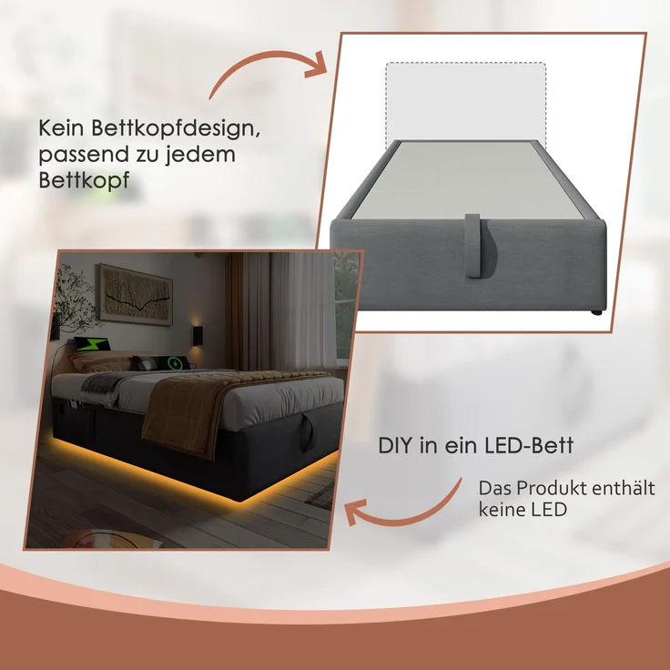 Bettgestell, Baumwoll-Leinen mit Stauraum & USB-Anschluss, 140x200 cm, Grau, ohne Matratze – Bild 7