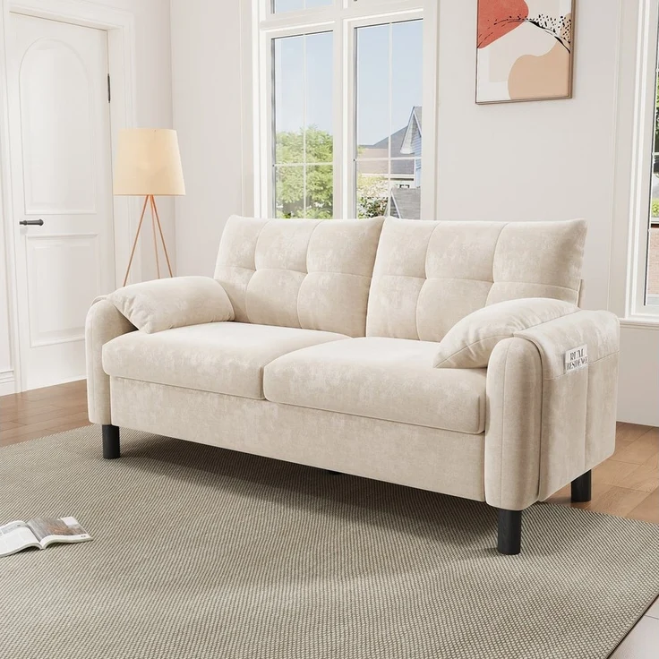 Merax 2-Sitzer Sofa aus Chenille-Stoff, Modulares-Sofa, Couch Doppelsofa im skandinavischen Design für Wohnzimmer/Schlafzimmer 1 Teile, Polstersofa mit Armlehne, dicken Kissen & Seitentaschen, 158x80x88.5cm – Bild 2