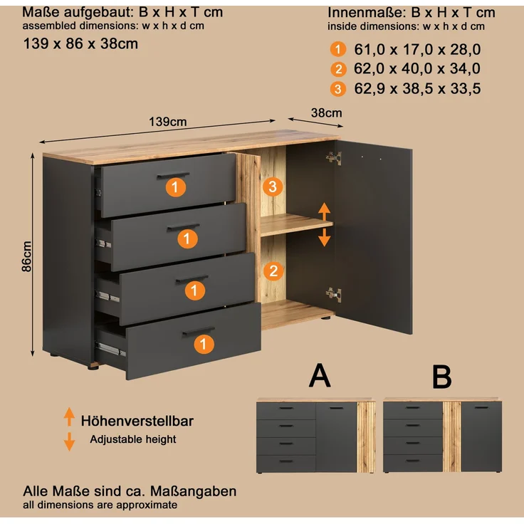 Sideboard Avila in grau und Eiche Evoke 139 cm – Bild 12